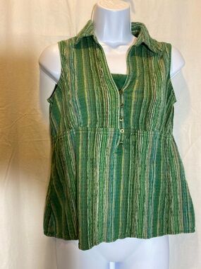 St. John’s Bay Sleeveless Green Striped Faux Button-Front Women’s Top - size PM
